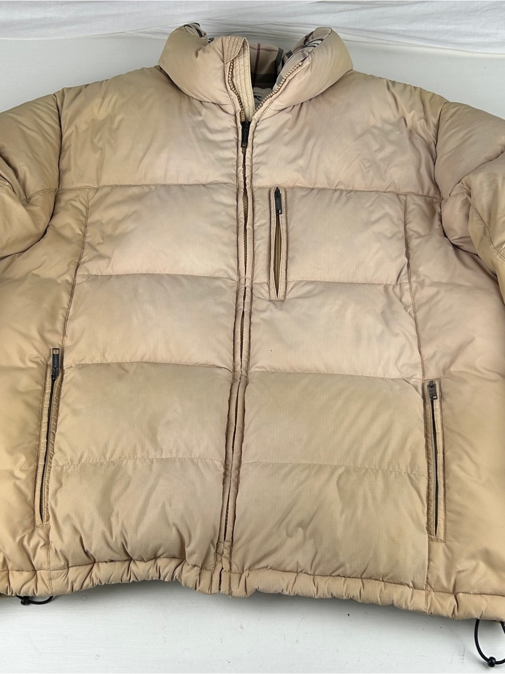 Burberry Jacket Beige Nova Check Lining Down Puffer Men’s Size XL Zip Up Winter